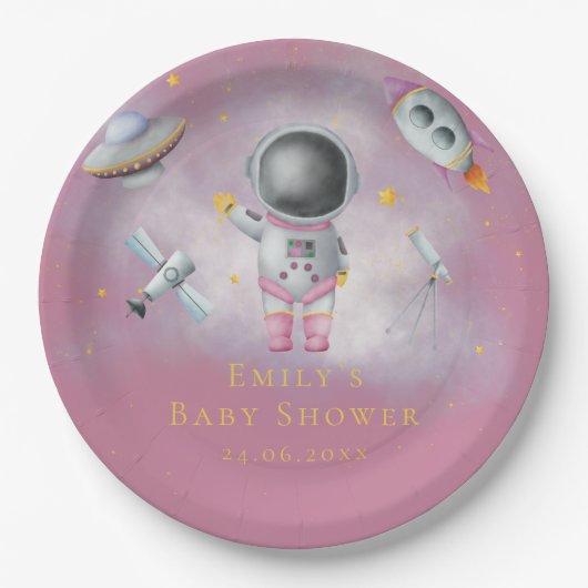 Ruimtemeisje Astronaut-raketten met sterren Baby s Papieren Bordje (Voorkant)