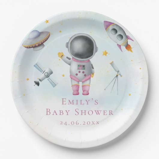 Ruimtemeisje Astronaut-raketten met sterren Baby s Papieren Bordje (Voorkant)