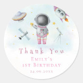 Ruimtemeisje Astronaut roze raketster 1e verjaarda Ronde Sticker (Voorkant)