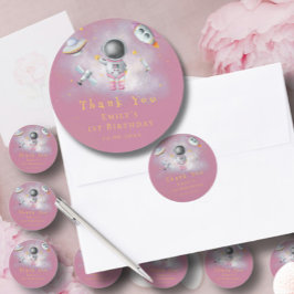 Ruimtemeisje Astronaut roze raketster 1e verjaarda Ronde Sticker