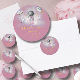 Ruimtemeisje Astronaut roze raketster 1e verjaarda Ronde Sticker