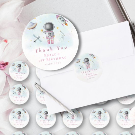 Ruimtemeisje Astronaut roze raketster 1e verjaarda Ronde Sticker