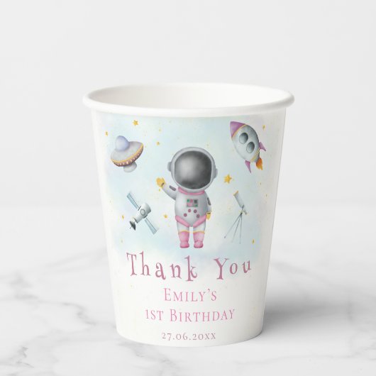 Ruimtemeisje Astronaut roze raketsterren Baby show Papieren Bekers (Achterkant)