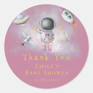 Ruimtemeisje Astronaut roze raketsterren Baby show Ronde Sticker
