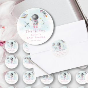 Ruimtemeisje Astronaut roze raketsterren Baby show Ronde Sticker