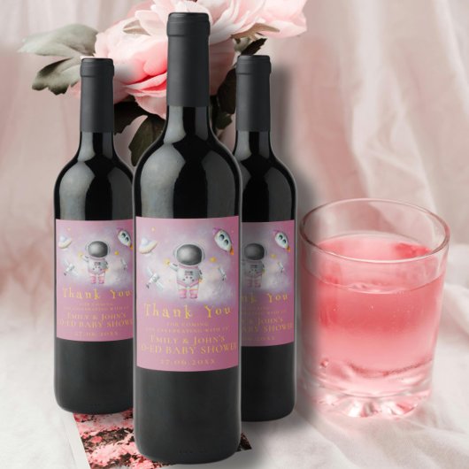 Ruimtemeisje Astronaut roze raketsterren Baby show Wijn Etiket