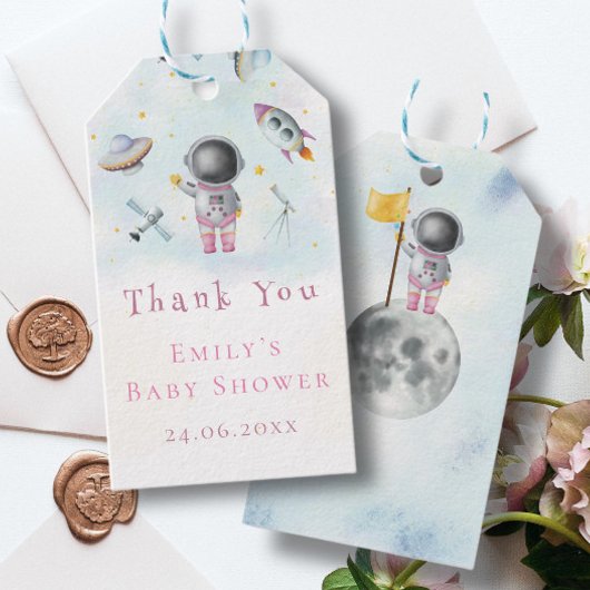 Ruimtemeisje Astronaut roze raketsterrenschip Cadeaulabel