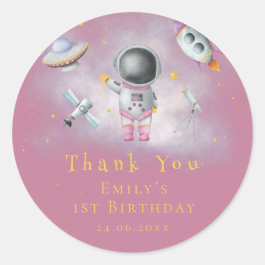 Ruimtemeisje Astronaut roze raketten Birthday C Ronde Sticker (Voorkant)