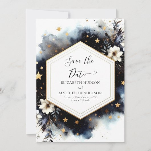 Ruimteminimalistische hemelse bruiloft save the date (Voorkant)