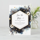 Ruimteminimalistische hemelse bruiloft save the date (Staand voorkant)