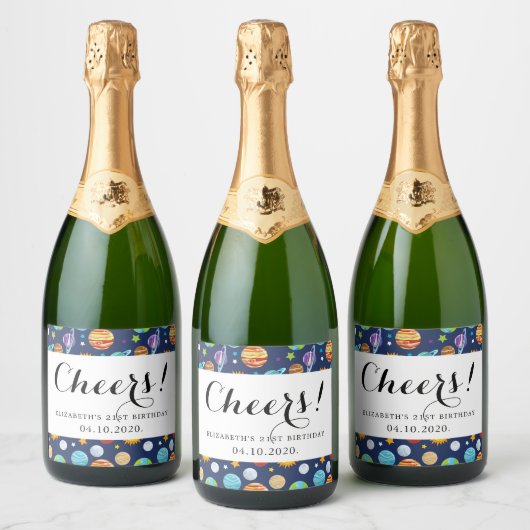 Ruimtepatroon, planeten, sterren, kosmos, geboorte sparkling wijnetiket (Flessen)