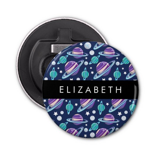 Ruimtepatroon, Planeten, Sterren, Melkweg, Jouw na Button Flesopener (Voorkant)