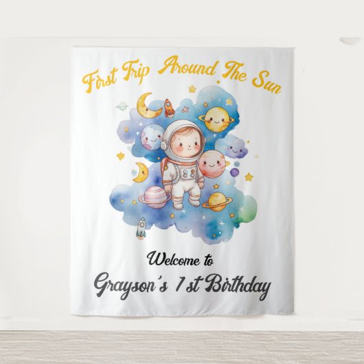 Ruimteplaneten Blauw Eerste Verjaardag Wandkleed (Voorkant)