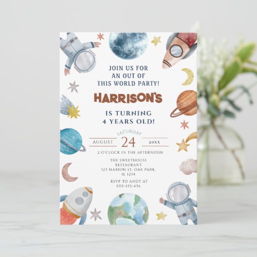 Ruimteplaneten buiten deze verjaardag kaart (Staand voorkant)