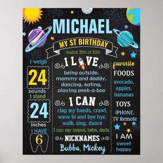 Ruimteplaneten sterren universum Birthday chalk bo Poster (Voorkant)