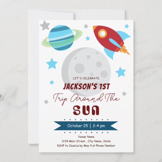 Ruimtereis Rond de Zon 1e Verjaardag Kaart (Voorkant)
