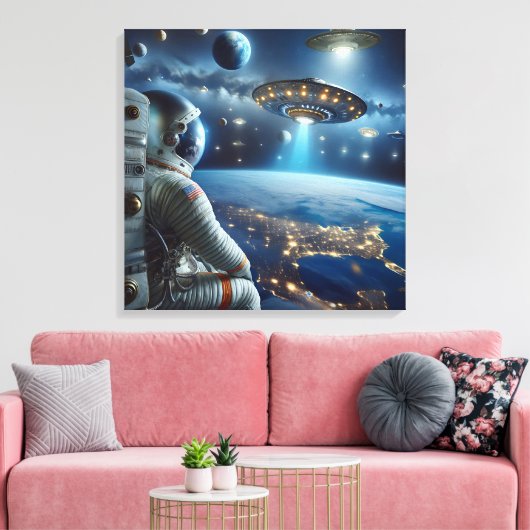 Ruimteschepen en een astronaut in de ruimte canvas afdruk (Insitu (Woonkamer))