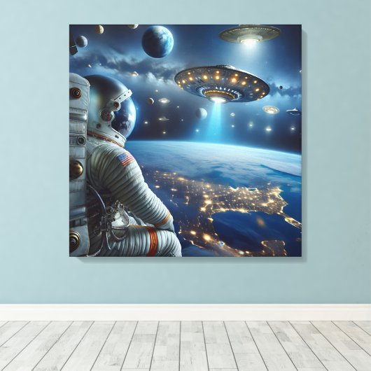 Ruimteschepen en een astronaut in de ruimte canvas afdruk (Insitu (Houten vloer))