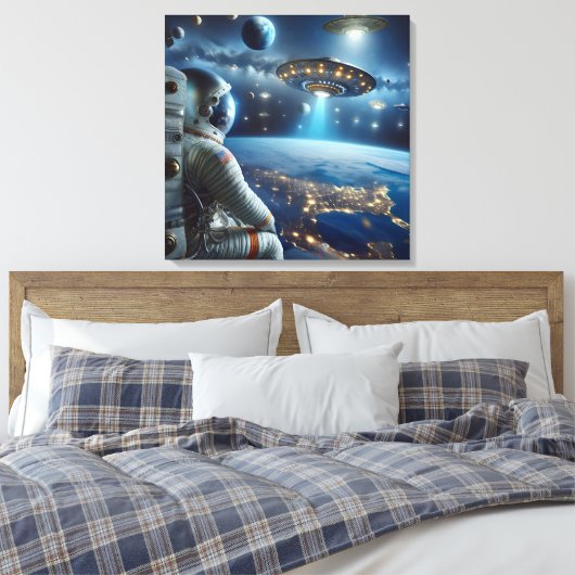 Ruimteschepen en een astronaut in de ruimte canvas afdruk (Insitu (Slaapkamer))