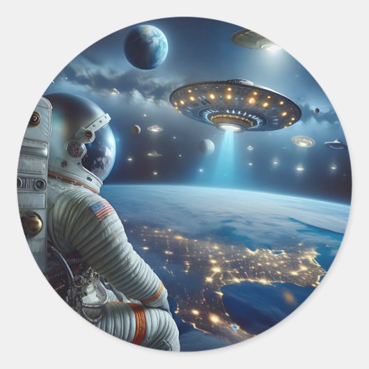 Ruimteschepen en een astronaut in de ruimte ronde sticker (Voorkant)