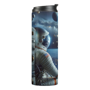 Ruimteschepen en een astronaut in de ruimte thermosbeker