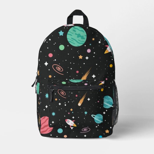 Ruimteschepen en planeten op zwart bedrukte rugzak (Voorkant)