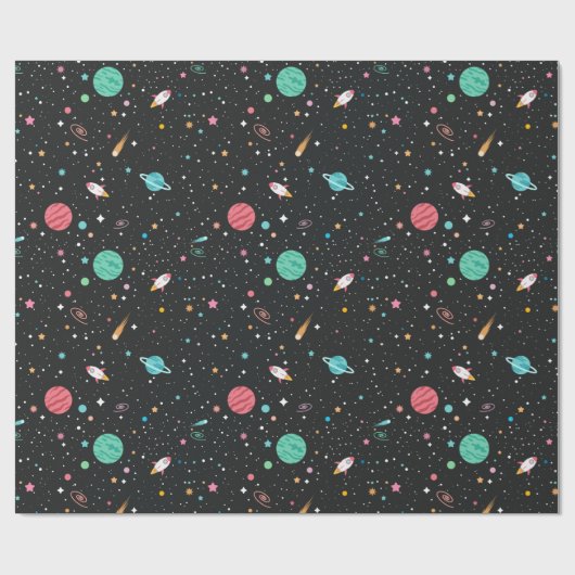 Ruimteschepen en planeten op zwart cadeaupapier (Vlak)