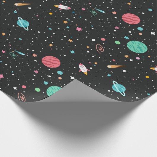 Ruimteschepen en planeten op zwart cadeaupapier (Hoek)