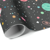 Ruimteschepen en planeten op zwart cadeaupapier (Rol Hoek)