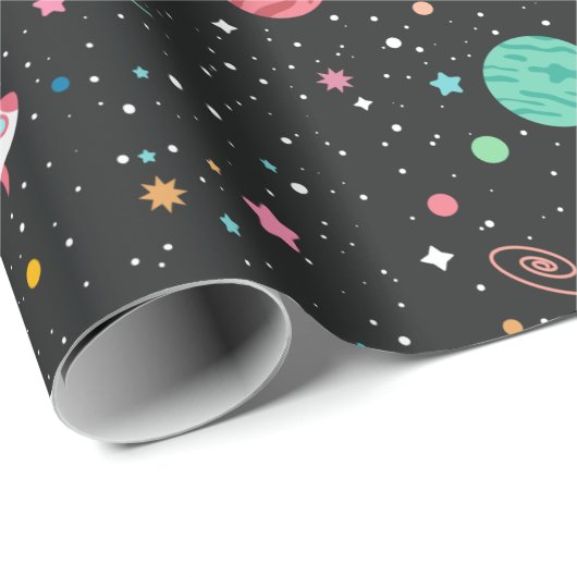 Ruimteschepen en planeten op zwart cadeaupapier (Rol Hoek)