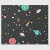Ruimteschepen en planeten op zwart cadeaupapier (Vlak)