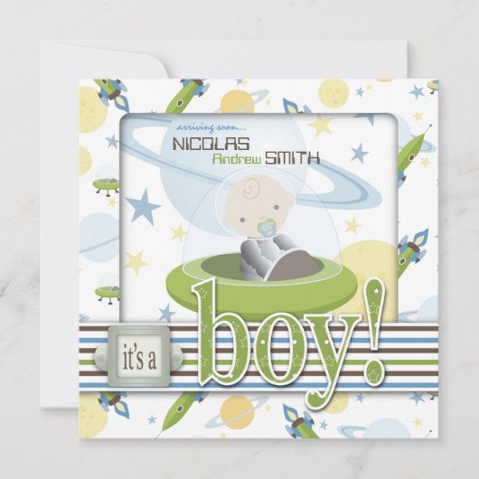 Ruimteschip Astronaut Baby Shower Invitaties Kaart (Voorkant)