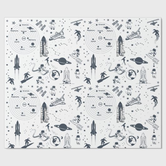 Ruimteschip Astronauten Zonnestelsel Wrapping Papi Cadeaupapier (Vlak)