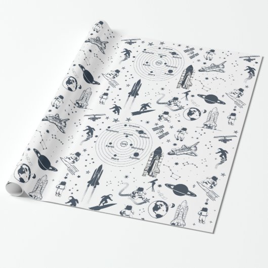 Ruimteschip Astronauten Zonnestelsel Wrapping Papi Cadeaupapier (Uitgerold)