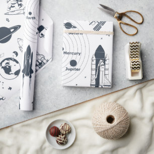 Ruimteschip Astronauten Zonnestelsel Wrapping Papi Cadeaupapier
