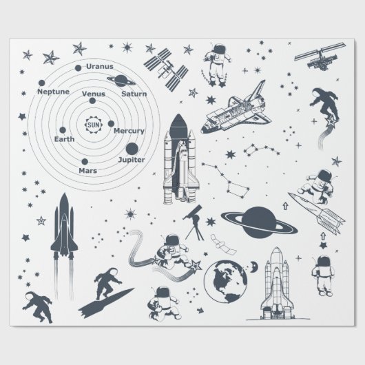 Ruimteschip Astronauten Zonnestelsel Wrapping Papi Cadeaupapier (Vlak)