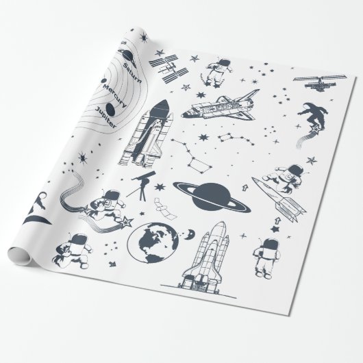 Ruimteschip Astronauten Zonnestelsel Wrapping Papi Cadeaupapier (Uitgerold)