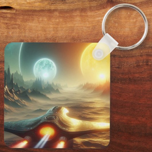 Ruimteschip boven buitenaardse wereld sleutelhanger (Achterkant)