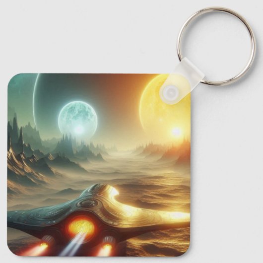 Ruimteschip boven buitenaardse wereld sleutelhanger (Achterkant)