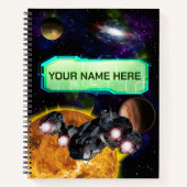 Ruimteschip, buitenruimte, zon, planeten, melkweg notitieboek (Voorkant)