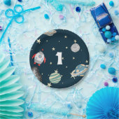 Ruimteschip en planeten eerste geboortelijn papieren bordje (Feest)