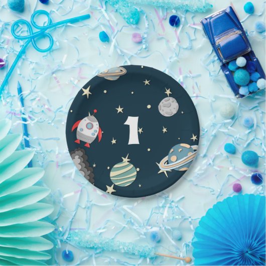 Ruimteschip en planeten eerste geboortelijn papieren bordje (Feest)