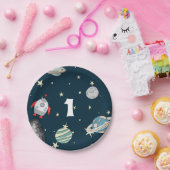 Ruimteschip en planeten eerste geboortelijn papieren bordje (Feest)