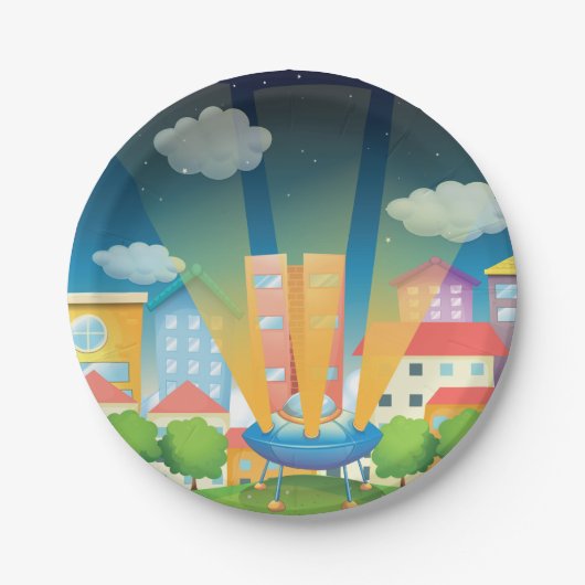 Ruimteschip in Borden van stedelijk papier Papieren Bordje (Voorkant)