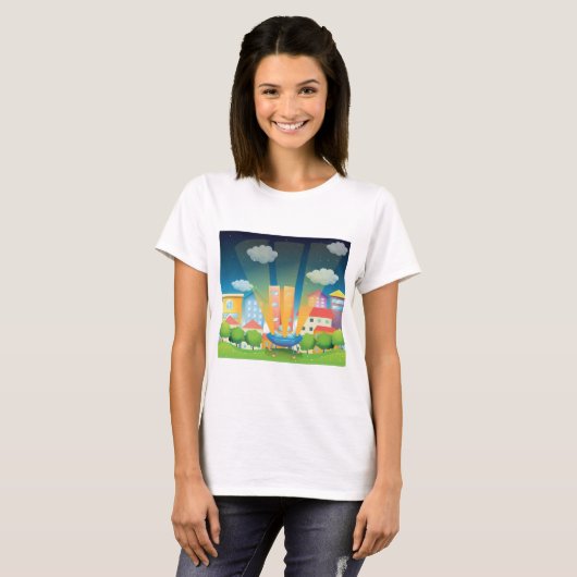 Ruimteschip in de stad Vrouwen T-shirt (Voorkant volledig)
