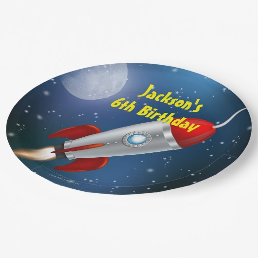 Ruimteschip, Maan Sterren Verjaardagsfeestje Papieren Bordje (Gekanteld)