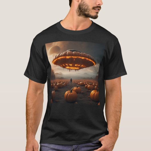 Ruimteschip op planeet Pompoen T-shirt (Voorkant)