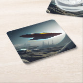 Ruimteschip over een Futuristic City Kartonnen Onderzetters (Schuin)