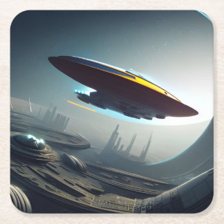 Ruimteschip over een Futuristic City Kartonnen Onderzetters