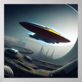 Ruimteschip over een Futuristic City Poster (Voorkant)